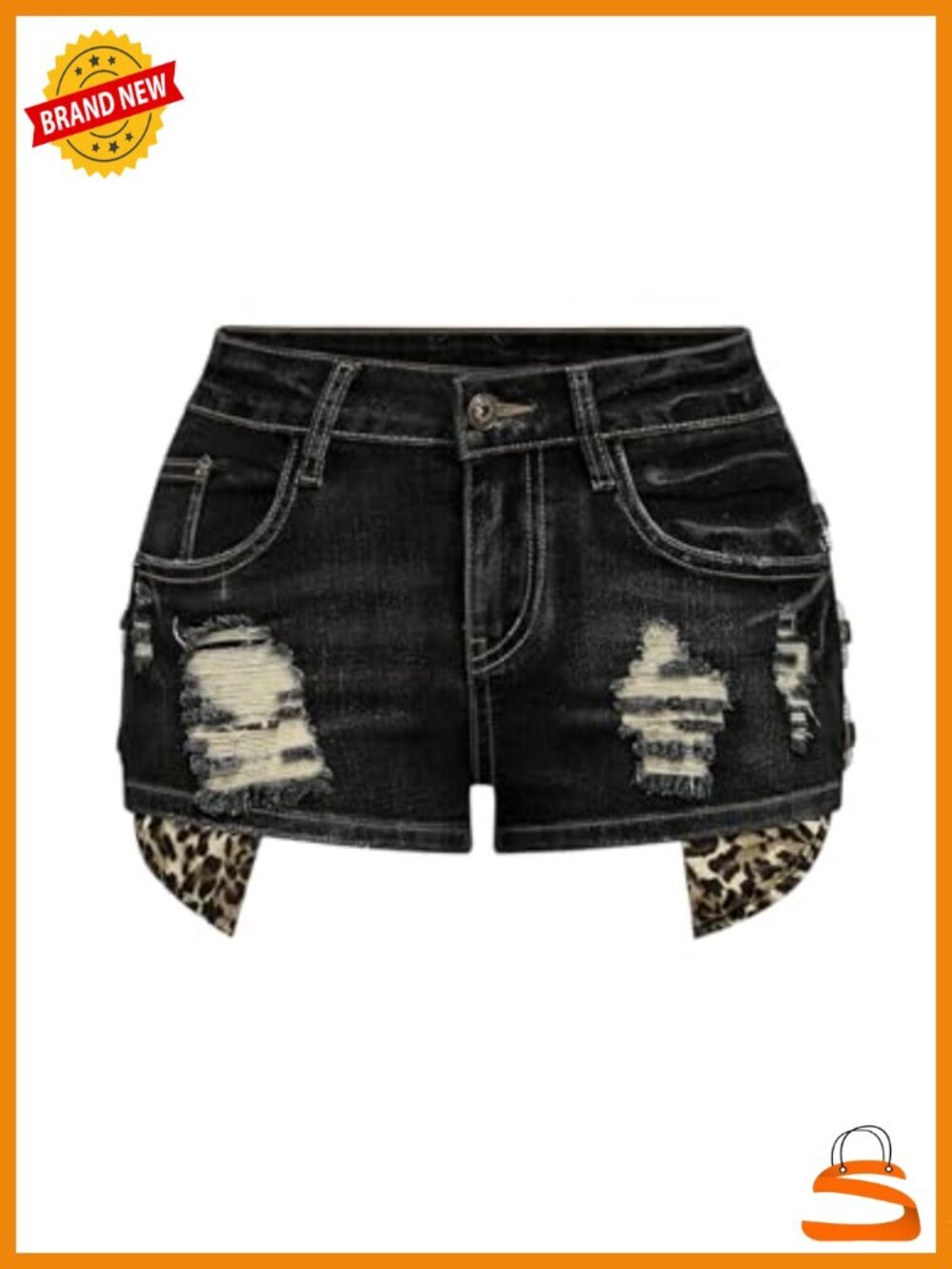 Low Rise Denim Shorts Y2K Grunge Punk Leopard Rhinestone Ripped Mini Shorts